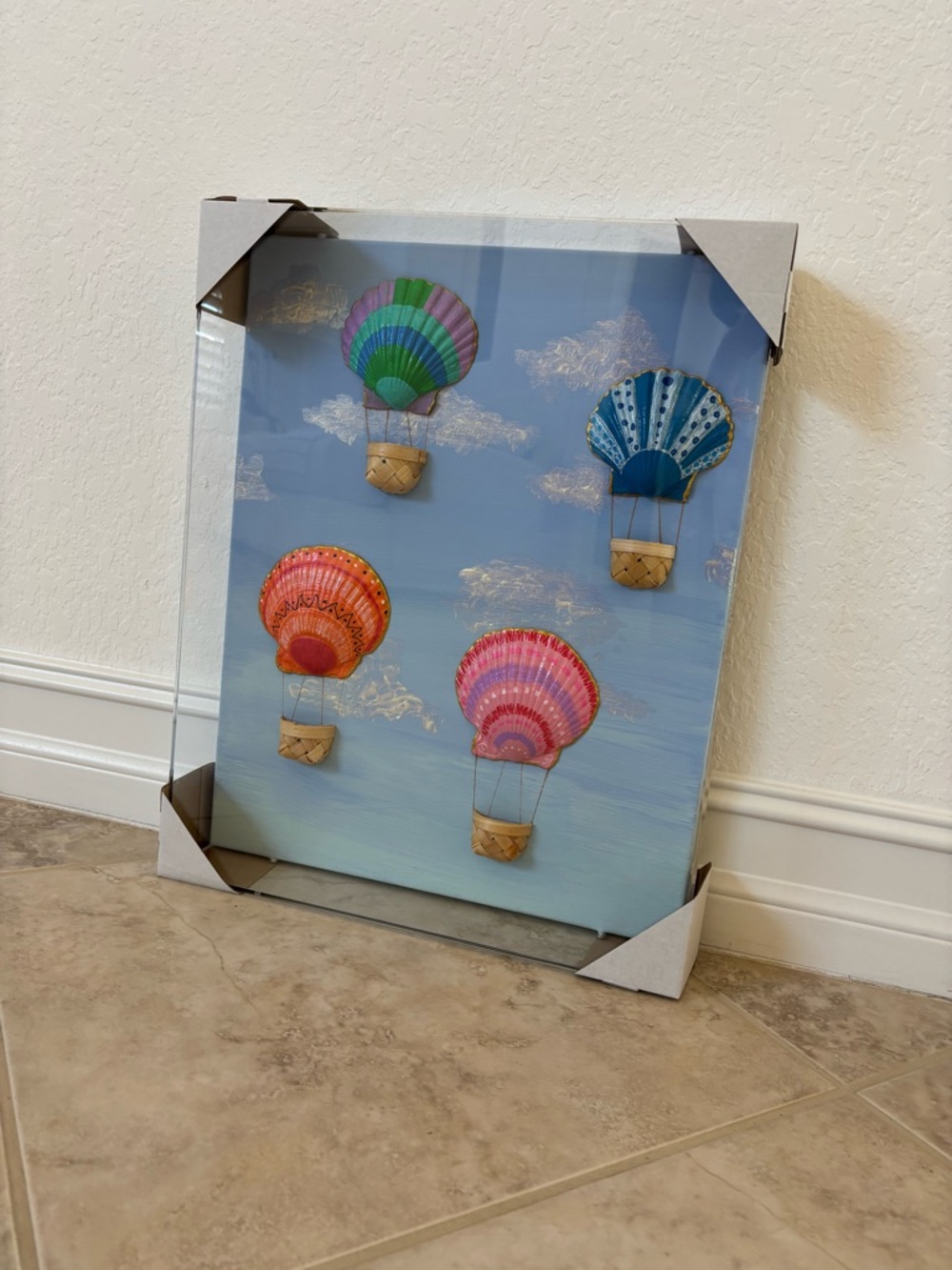 She Shells Art - Drifting Shell Dreams - colorful hot air balloon shell art